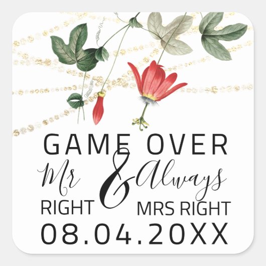 Red bruiloft Mr. Right Altijd Mrs. Right Game Over Vierkante Sticker (Voorkant)