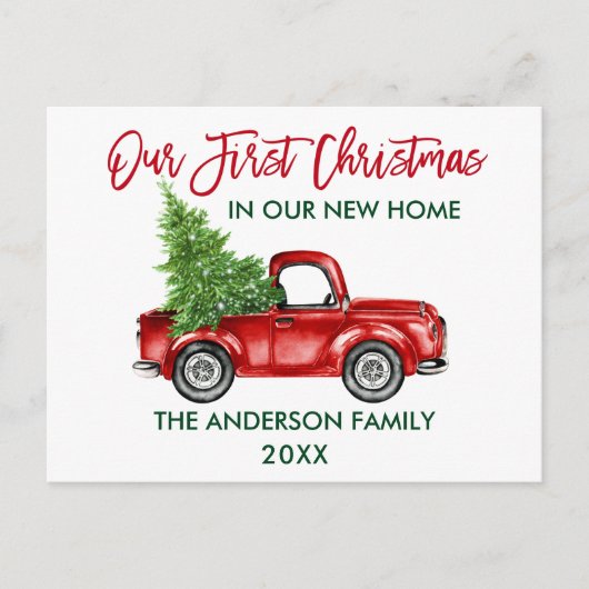 Red Brush Script First Kerstmis New Home Truck Briefkaart (Voorkant)