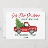Red Brush Script First Kerstmis New Home Truck Feestdagenkaart (Voorkant)