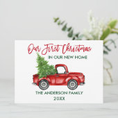 Red Brush Script First Kerstmis New Home Truck Feestdagenkaart (Staand voorkant)