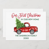 Red Brush Script First Kerstmis New Home Truck Feestdagenkaart (Voorkant / Achterkant)