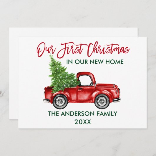 Red Brush Script First Kerstmis New Home Truck Feestdagenkaart (Voorkant / Achterkant)