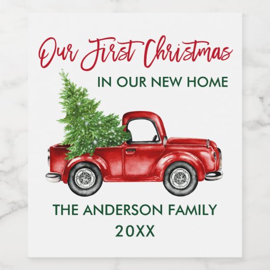 Red Brush Script First Kerstmis New Home Truck Wijn Etiket (Enkel label)