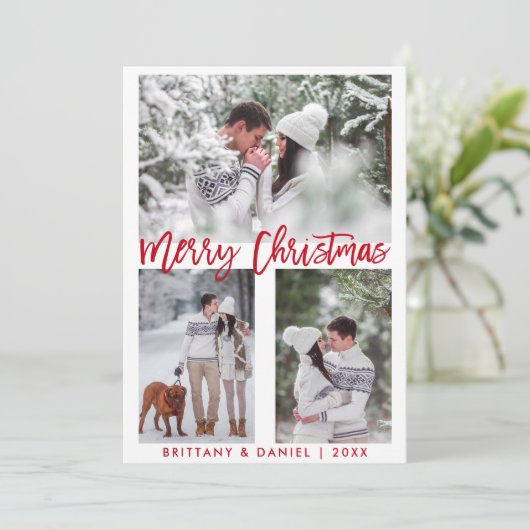 Red Brush Script Foto Vrolijk Kerstfeest Feestdagenkaart (Staand voorkant)