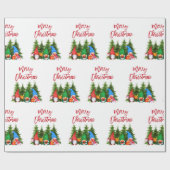 Red Brush Script Kerst Waterverf Gnomes Trees Cadeaupapier (Vlak)