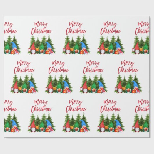 Red Brush Script Kerst Waterverf Gnomes Trees Cadeaupapier (Vlak)