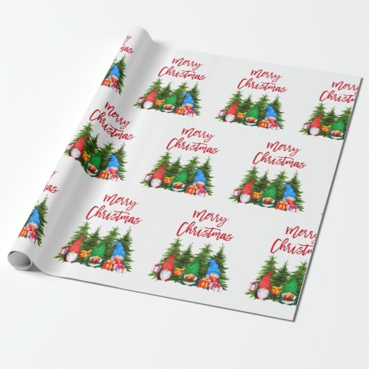 Red Brush Script Kerst Waterverf Gnomes Trees Cadeaupapier (Uitgerold)