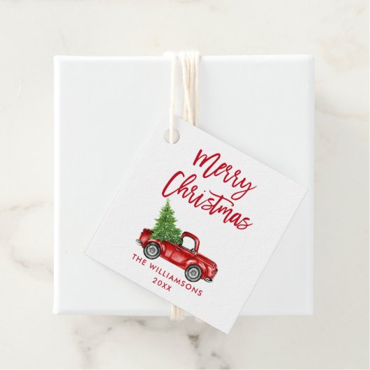 Red Brush Script Kerstmis Truck Bedankjes Labels (In situ)