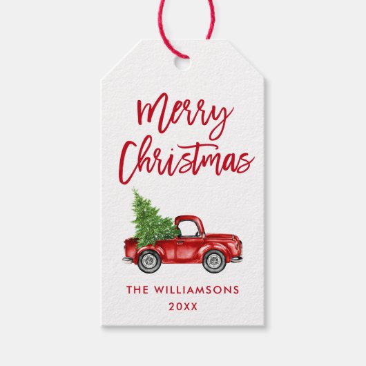 Red Brush Script Kerstmis Truck Cadeaulabel (Voorkant)