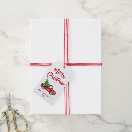 Red Brush Script Kerstmis  Truck Cadeaulabel (Met Touw)