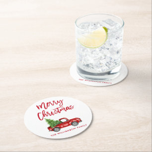Red Brush Script  Red Truck Kerstboom Ronde Kartonnen Onderzetter
