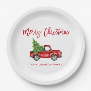 Red Brush Script Red Truck Kerstmis Papieren Bordje