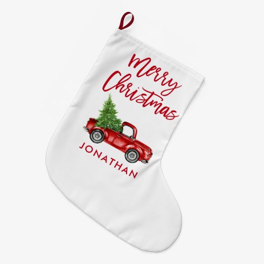 Red Brush Script  Red Truck Tree Grote Kerstsok (Voorkant (Hangend))