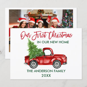 Red Brush Script Truck First Kerstman Home Foto Feestdagenkaart