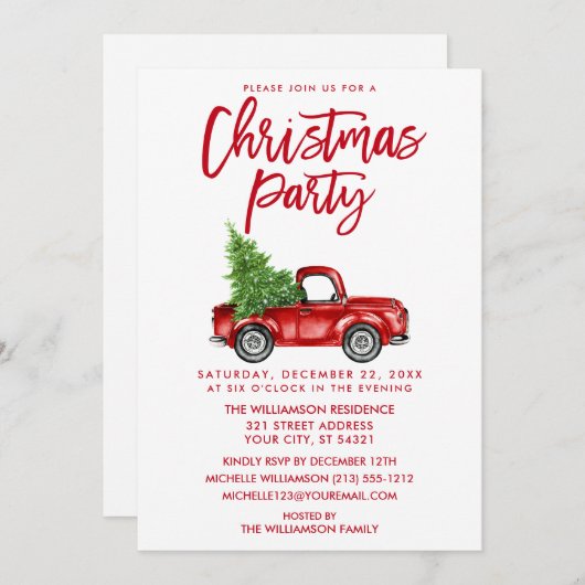 Red Brush Script Truck Kerstparty Kaart (Voorkant / Achterkant)