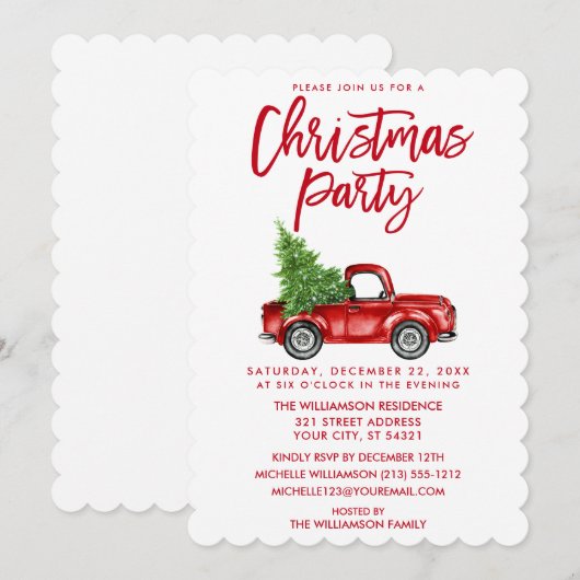 Red Brush Script Truck Kerstparty S Kaart (Voorkant / Achterkant)