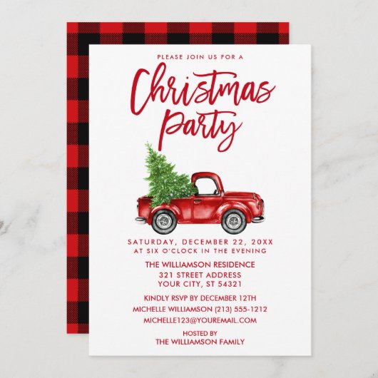 Red Brush Script Truck Pset Kerstparty Kaart (Voorkant / Achterkant)