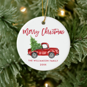 Red Brush Script Waterverf  Red Truck Keramisch Ornament