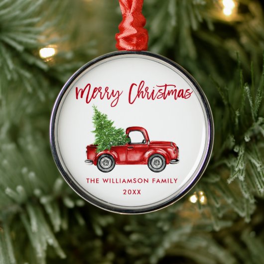 Red Brush Script Waterverf  Red Truck Metalen Ornament (Boom)