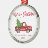 Red Brush Script Waterverf  Red Truck Metalen Ornament (Links)