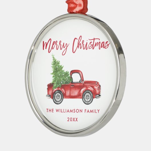 Red Brush Script Waterverf  Red Truck Metalen Ornament (Links)