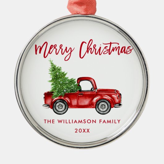 Red Brush Script Waterverf Red Truck Metalen Ornament (Voorkant)