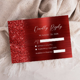 Red Brushed Metal Glitter Script Wedding RSVP Kaartje