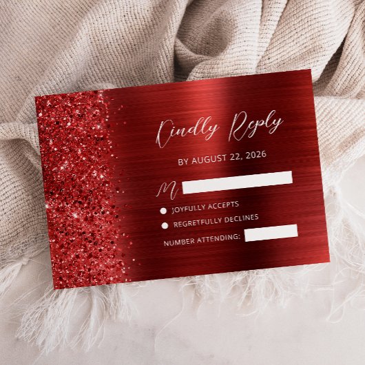 Red Brushed Metal Glitter Script Wedding RSVP Kaartje