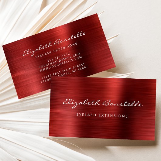 Red Brushed Metal Script Lash Extension Visitekaartje