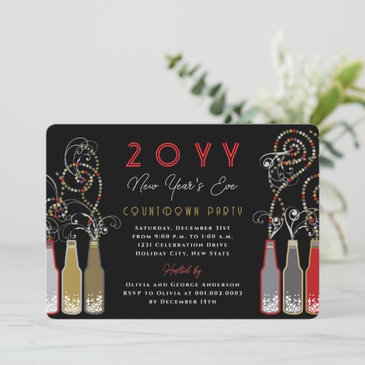 Red Bubbly Bottles Wervelt Oudejaarsfeest Kaart (Staand voorkant)