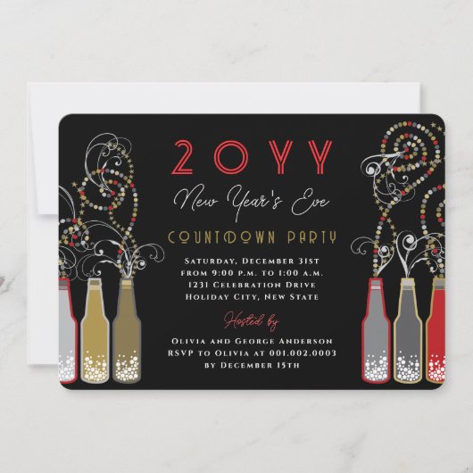 Red Bubbly Bottles Wervelt Oudejaarsfeest Kaart (Voorkant)