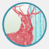 Red Buck Deer Aqua Birch Tree Snowflake Ronde Sticker (Voorkant)