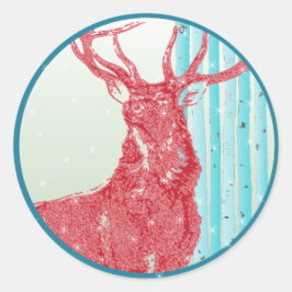 Red Buck Deer Aqua Birch Tree Snowflake Ronde Sticker