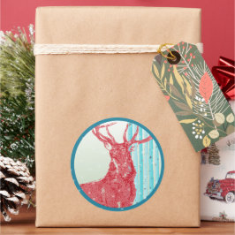 Red Buck Deer Aqua Birch Tree Snowflake Ronde Sticker