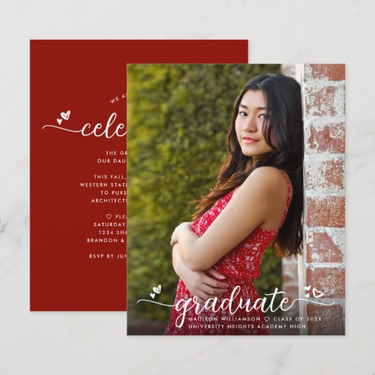 Red Budget Photo Afstuderen Script Invitation Bold (Voorkant / Achterkant)