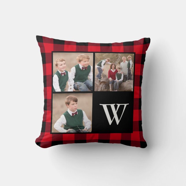 Red Buffalo Check 3 Photo Collage Monogram Kussen (Voorkant)