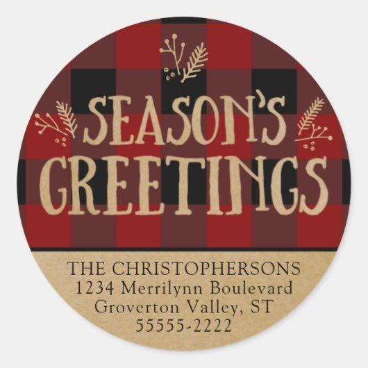 Red Buffalo Check & Brown Kraft Retouradres Ronde Sticker (Voorkant)