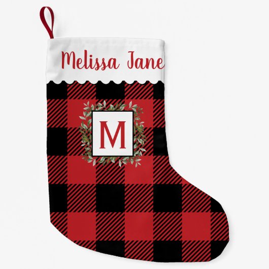 Red Buffalo Check Monogram Kerstmis Kleine Kerstsok (Voorkant)
