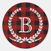 Red Buffalo Check Pattern Monogram Ronde Sticker (Voorkant)