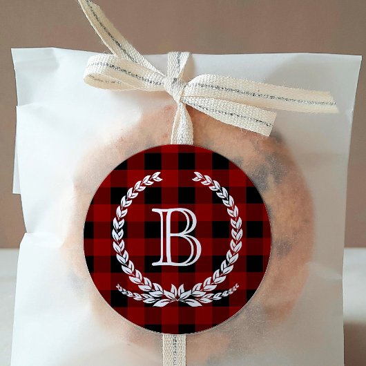 Red Buffalo Check Pattern Monogram Ronde Sticker