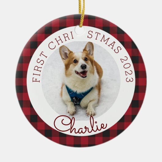 Red Buffalo Check Pet's eerste kerstfoto Keramisch Ornament (Voorkant)