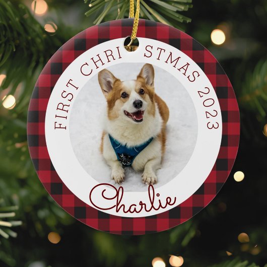 Red Buffalo Check Pet's eerste kerstfoto Keramisch Ornament