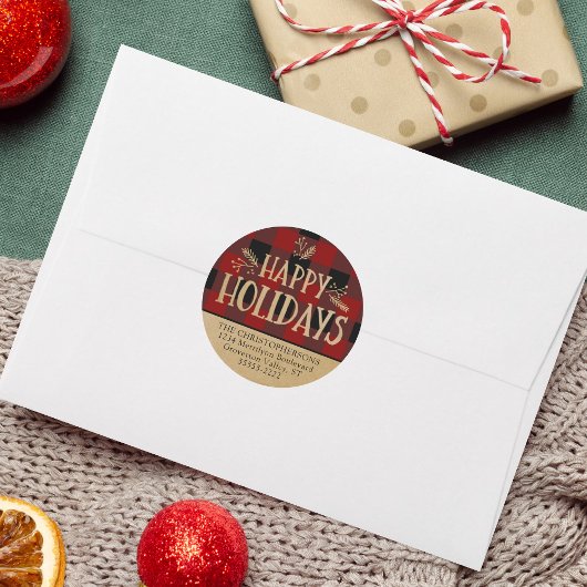 Red Buffalo Check Plaid Brown Kraft Retouradres Ronde Sticker