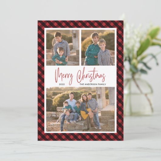 Red Buffalo Check Pset 3 Kerstmis met fotocollage Feestdagenkaart (Staand voorkant)