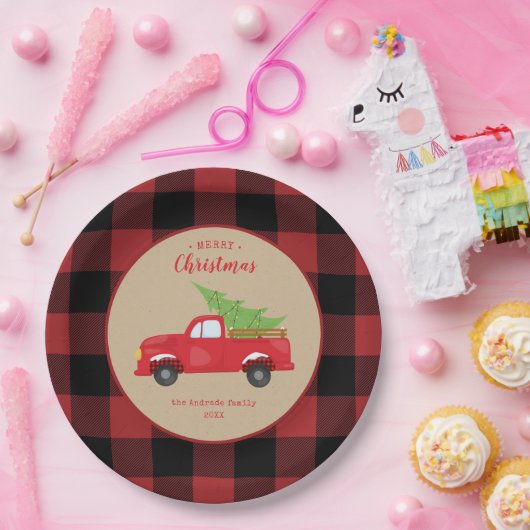 Red Buffalo Check Pset Merry Kerstroodvrachtwagen Papieren Bordje (Feest)