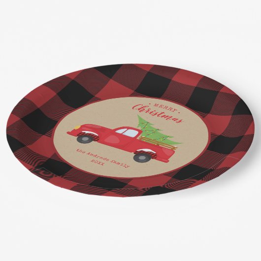 Red Buffalo Check Pset Merry Kerstroodvrachtwagen Papieren Bordje (Gekanteld)