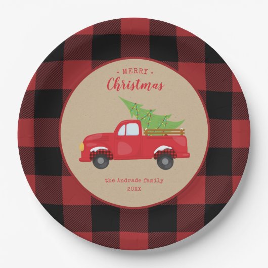 Red Buffalo Check Pset Merry Kerstroodvrachtwagen Papieren Bordje (Voorkant)