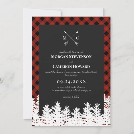 Red Buffalo Check Rustic Arrow Monogram Weddenscha Kaart (Voorkant)