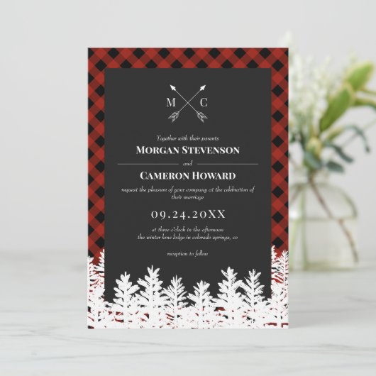 Red Buffalo Check Rustic Arrow Monogram Weddenscha Kaart (Staand voorkant)