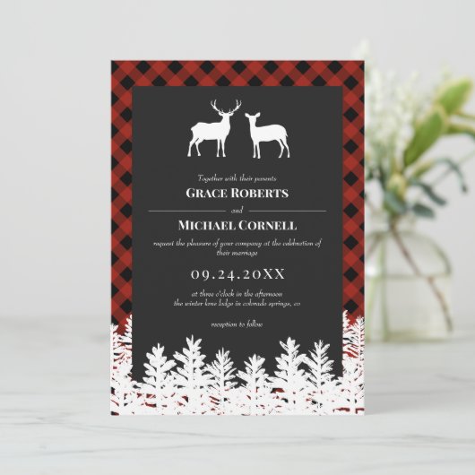 Red Buffalo Check Rustic Deer Buck Doe Wedding Kaart (Staand voorkant)